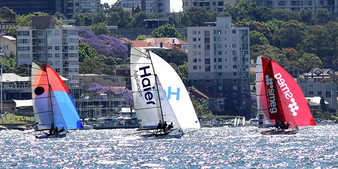 Haier Appliances chases Smeg and Yandoo down the spinnaker run last Sunday © Frank Quealey /Australian 18 Footers League http://www.18footers.com.au